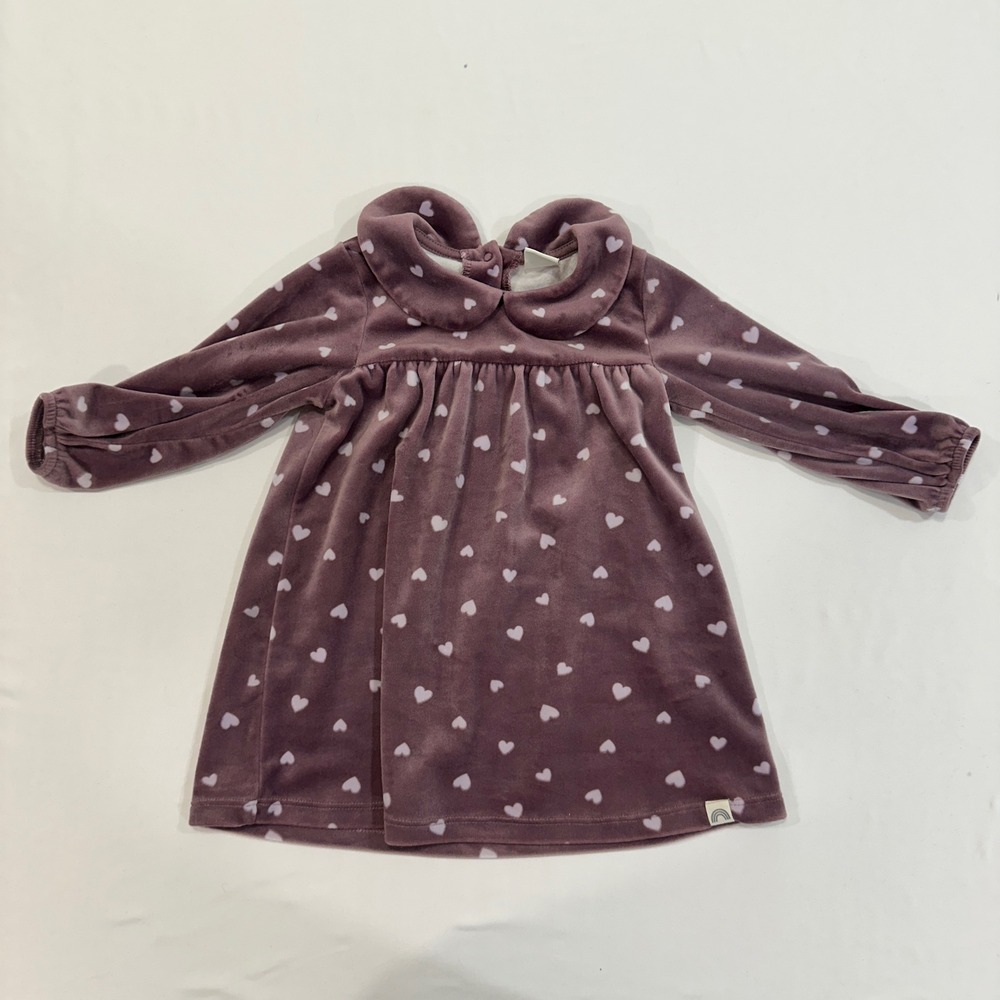 Lindex Heart Print Velour Dress Baby Girl 9-12M Mauve Peter Pan Collar Coquette‎